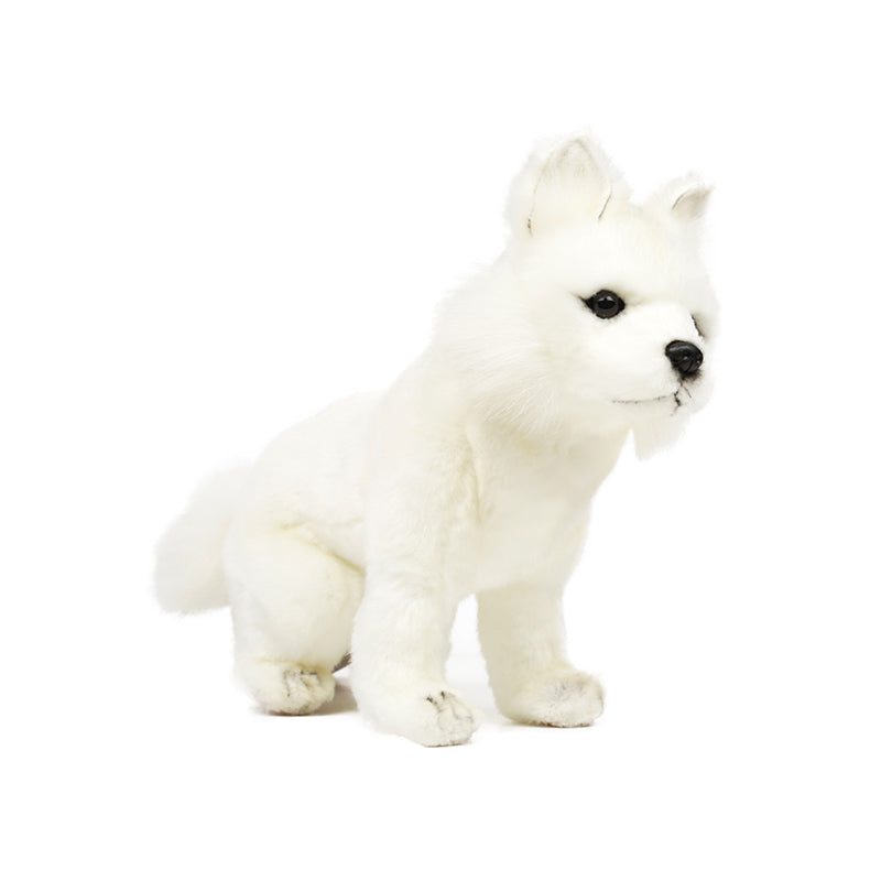 Hansa Creation Snow Fox Valp sett fra siden – hvit rev-valp plysj med stor buskete hale