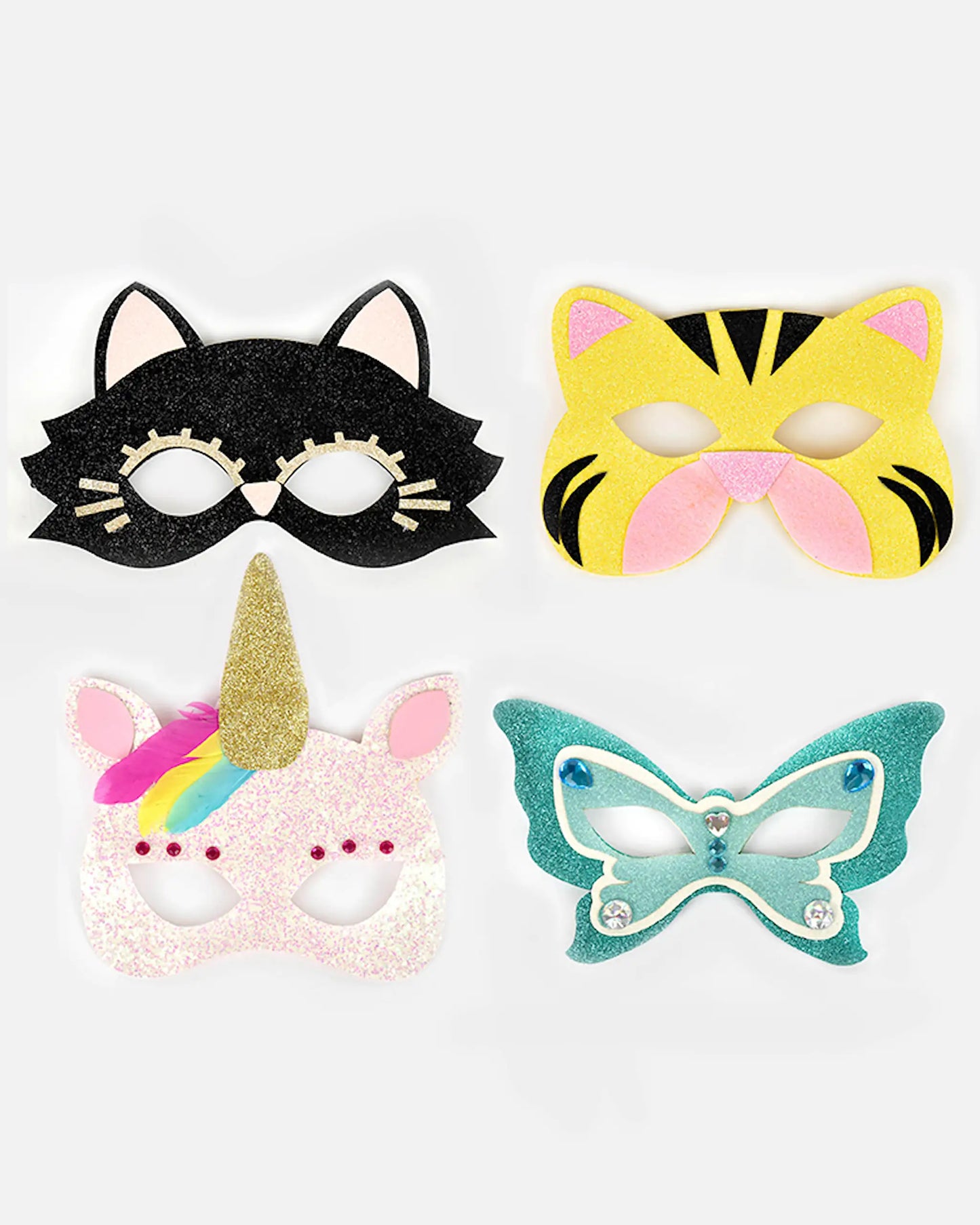 Glitter dyremaske for barn – enhjørning, tiger, katt & sommerfugl (19 cm) | Den Gode Fen