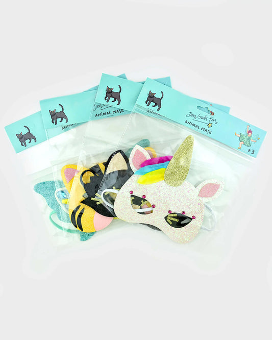 Glitter dyremaske for barn – enhjørning, tiger, katt & sommerfugl (19 cm) | Den Gode Fen