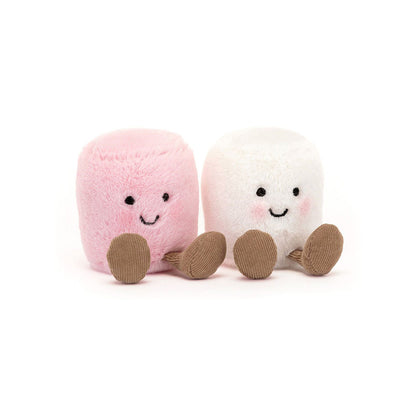 Amuseables Pink and White Marshmallows fra Jellycat – rosa og hvit plysjmarshmallow med broderte smil og praline kordstøvler