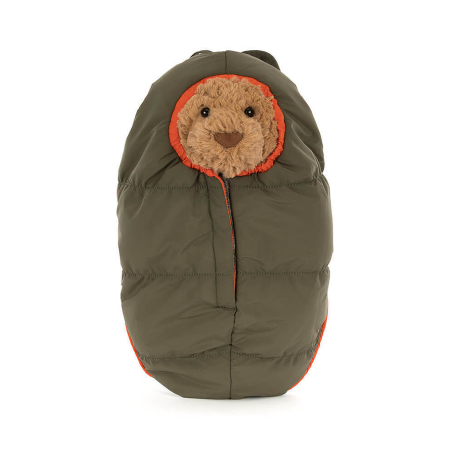 Jellycat Bartholomew Bear Hiking bakfra – ryggsekk og myk brun plysjpels