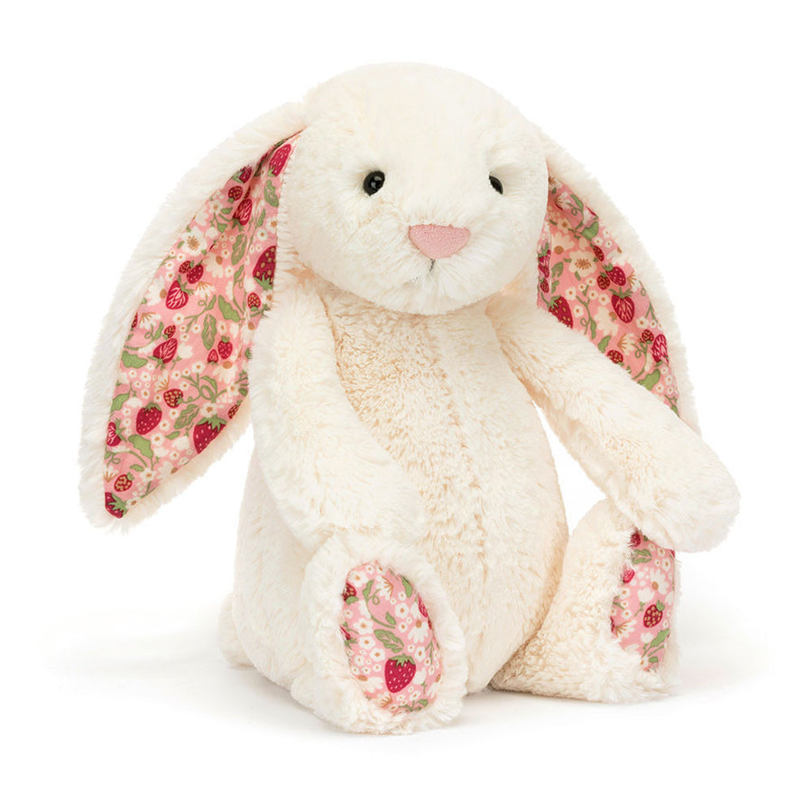 Blossom Cream Bunny ‘Berry’ Little fra Jellycat – kremfarget kanin med jordbærmønster
