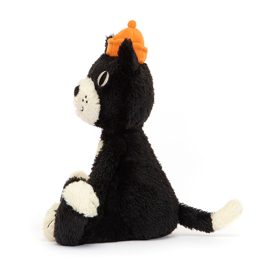 Jellycat Jack sett fra siden – lang buet hale og store hvite poter