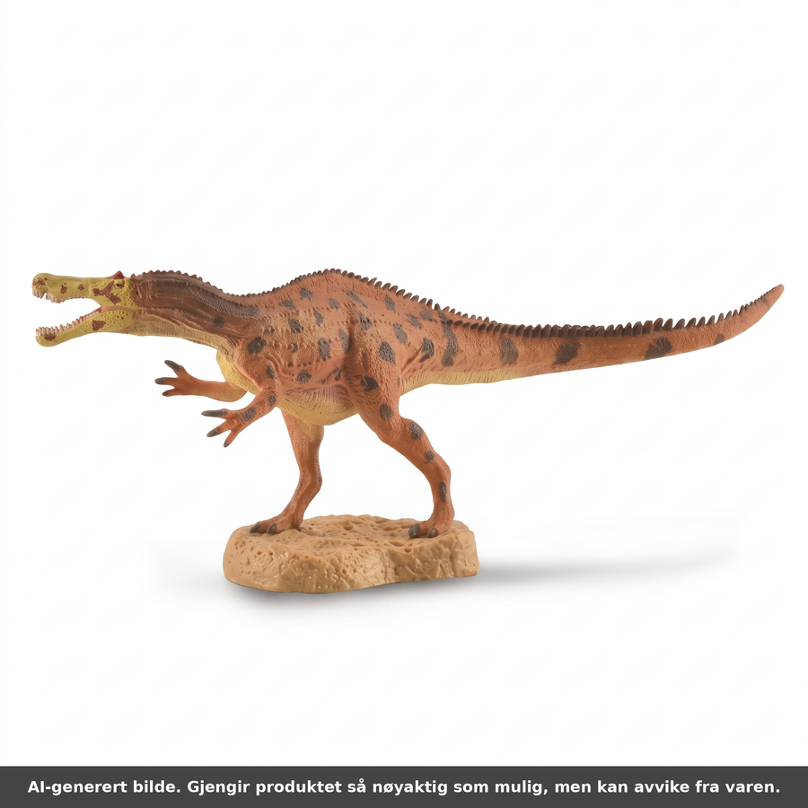Baryonyx dinosaurfigur fra CollectA i sideprofil mot hvit bakgrunn. AI-generert bilde. Gjengir produktet så nøyaktig som mulig, men kan avvike fra varen.