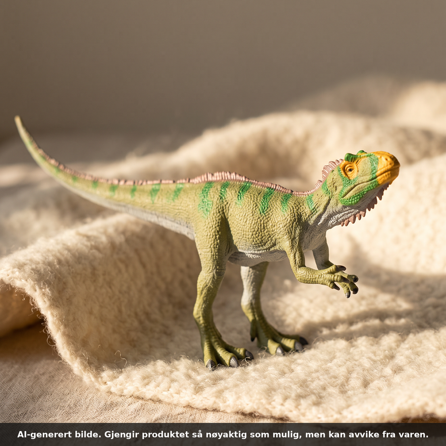 Neovenator dinosaurfigur fra CollectA på et kremfarget ullteppe i varmt ettermiddagslys. AI-generert bilde. Gjengir produktet så nøyaktig som mulig, men kan avvike fra varen.