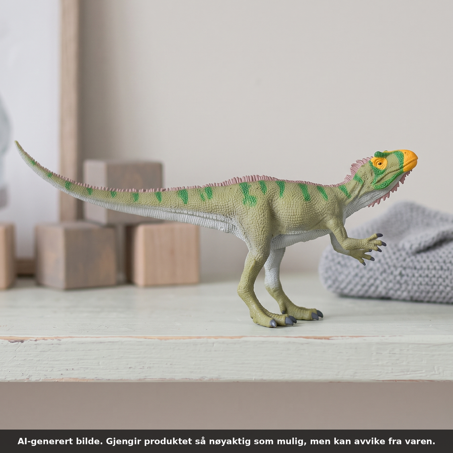 Neovenator dinosaurfigur fra CollectA på en lys hylle med treklosser i bakgrunnen. AI-generert bilde. Gjengir produktet så nøyaktig som mulig, men kan avvike fra varen.