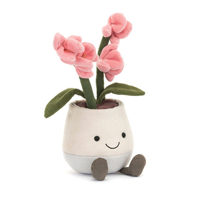 Jellycat Amuseables Potted Orchid – rosa plysjorkidé på ca. 25 cm i tofarget potte