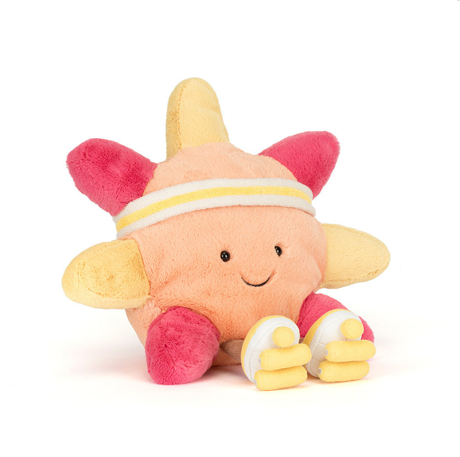 Jellycat Amuseables Sun Roller Skates – gul sol kosedyr med solstråler og fargerike rulleskøyter, 30 cm