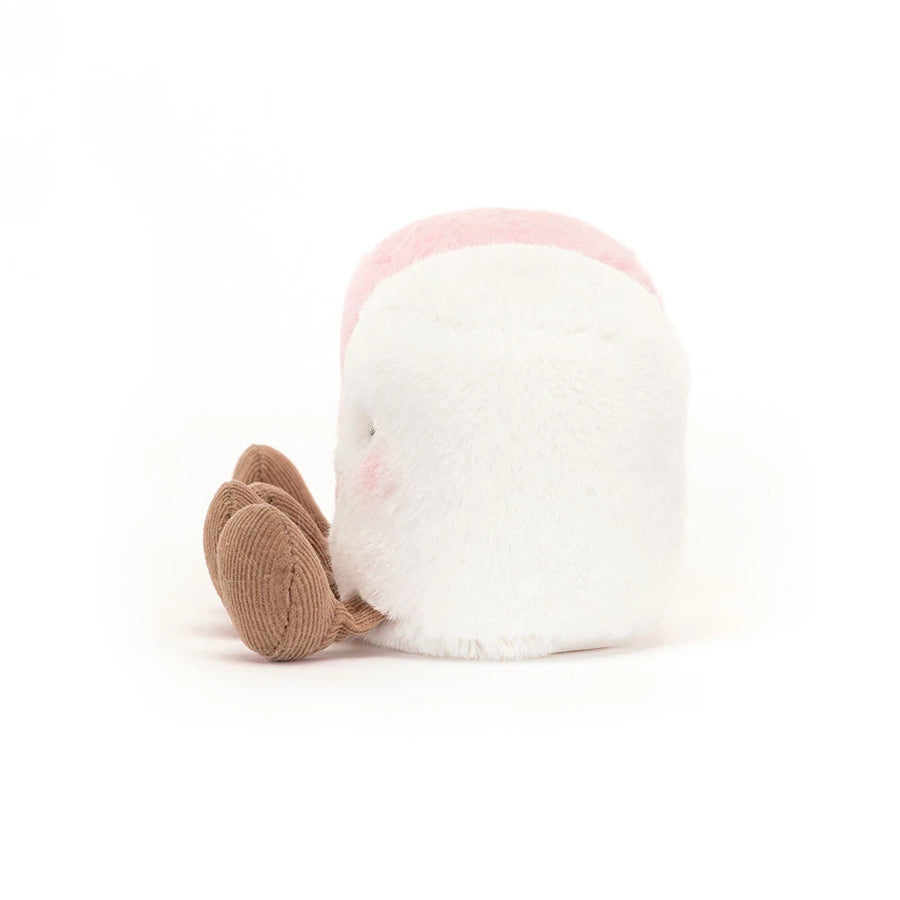Jellycat Amuseables Marshmallows sett fra siden – de to marshmallowene koblet sammen med rosa satengbånd