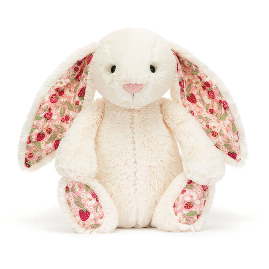 Blossom Cream Bunny ‘Berry’ Little fra Jellycat – kremfarget kanin med jordbærmønster