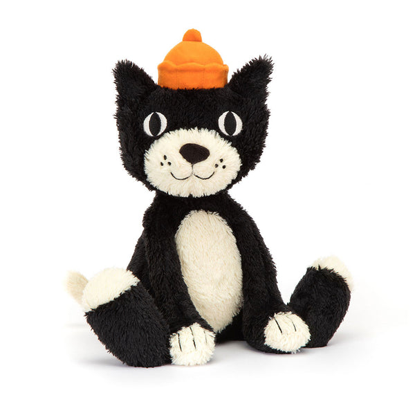 Jellycat Jack – den ikoniske svarte kosekatten på ca. 32 cm med oransje lue