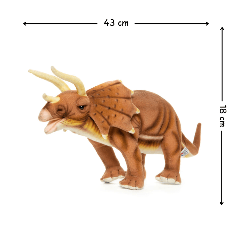 Hansa Creation Triceratops sett fra siden – grønn og brun triceratops plysj i stående stilling