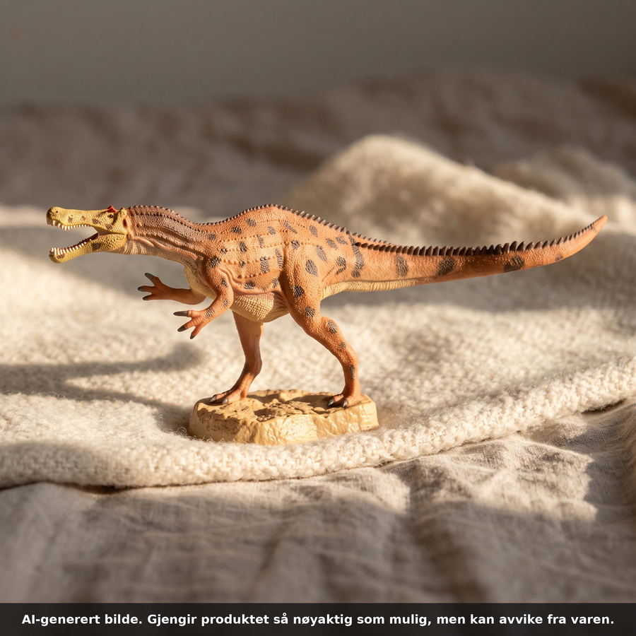 Baryonyx dinosaurfigur fra CollectA på et kremfarget ullteppe i varmt ettermiddagslys. AI-generert bilde. Gjengir produktet så nøyaktig som mulig, men kan avvike fra varen.