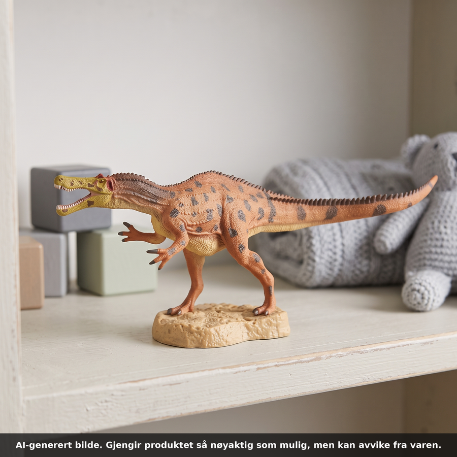 Baryonyx dinosaurfigur fra CollectA på en lys hylle med treklosser i bakgrunnen. AI-generert bilde. Gjengir produktet så nøyaktig som mulig, men kan avvike fra varen.