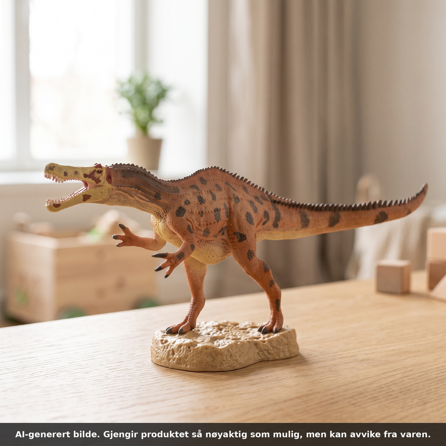 Baryonyx dinosaurfigur fra CollectA på et lyst trebord i et barnerom. AI-generert bilde. Gjengir produktet så nøyaktig som mulig, men kan avvike fra varen.