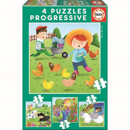 Educa Progressive Puzzle Set - Farm Theme - 4 Puzzles for Little Farmers! - Bamsedyra