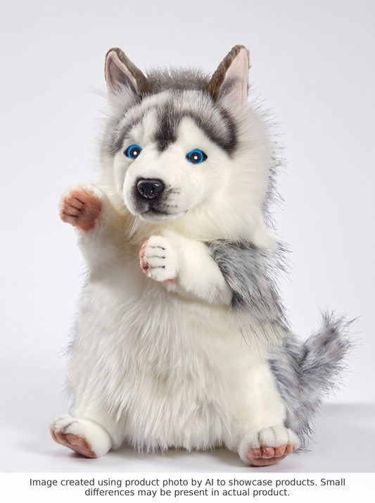 Hansa Creation Husky Hånddukke – naturtro grå og hvit Siberian Husky hånddukke med blå øyne