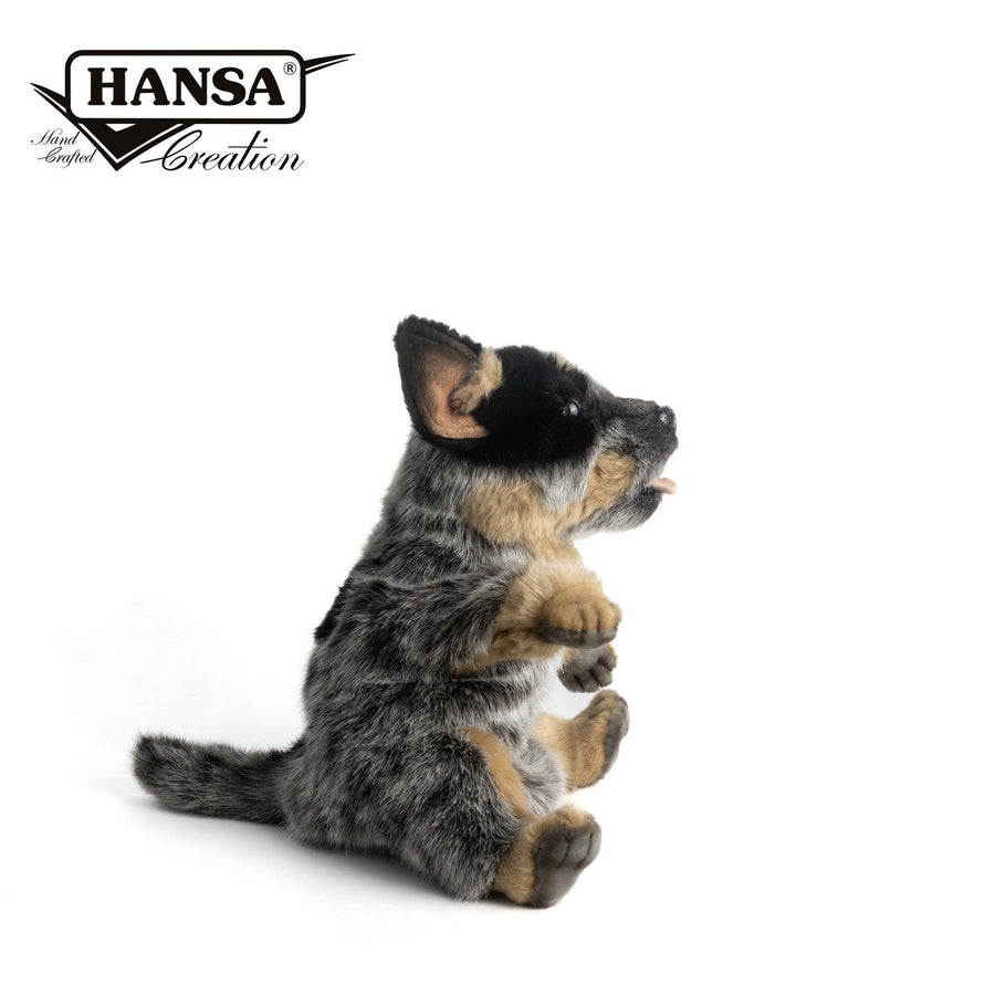 Hansa Creation Blue Heeler Hånddukke sett fra siden – blå og grå hund hånddukke