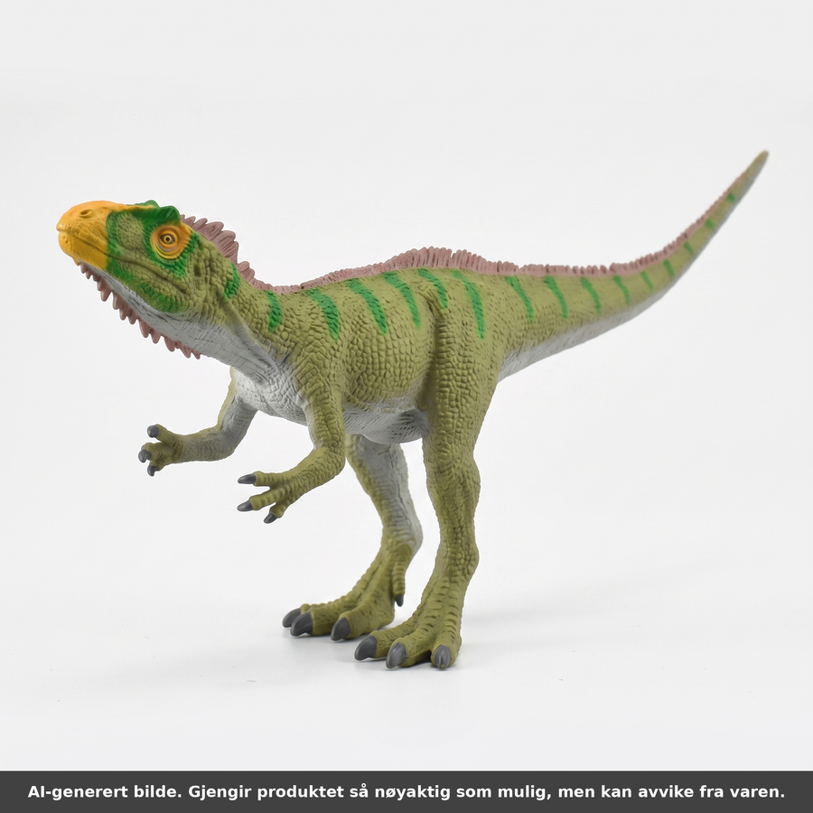 Neovenator dinosaurfigur fra CollectA sett skrått forfra mot hvit bakgrunn. AI-generert bilde. Gjengir produktet så nøyaktig som mulig, men kan avvike fra varen.