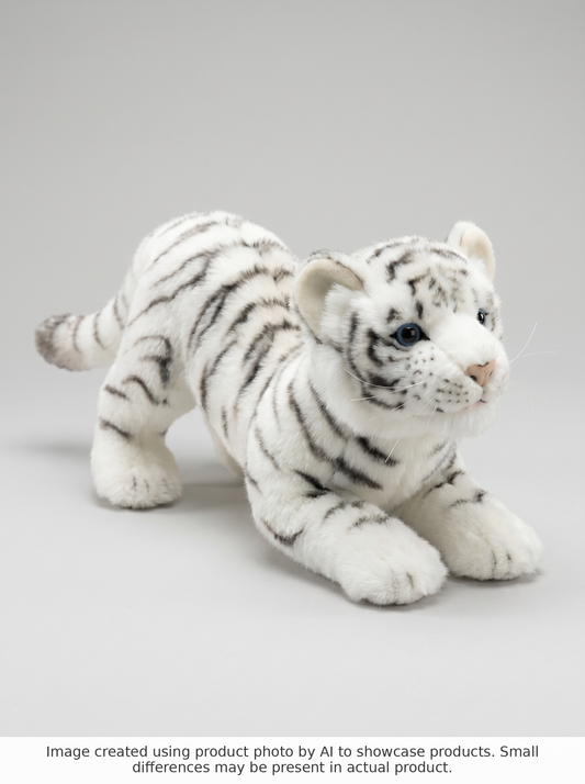 Hansa Creation Hvit Tigerunge 41 cm – naturtro hvit tigerunge plysj i krypende stilling med svarte striper
